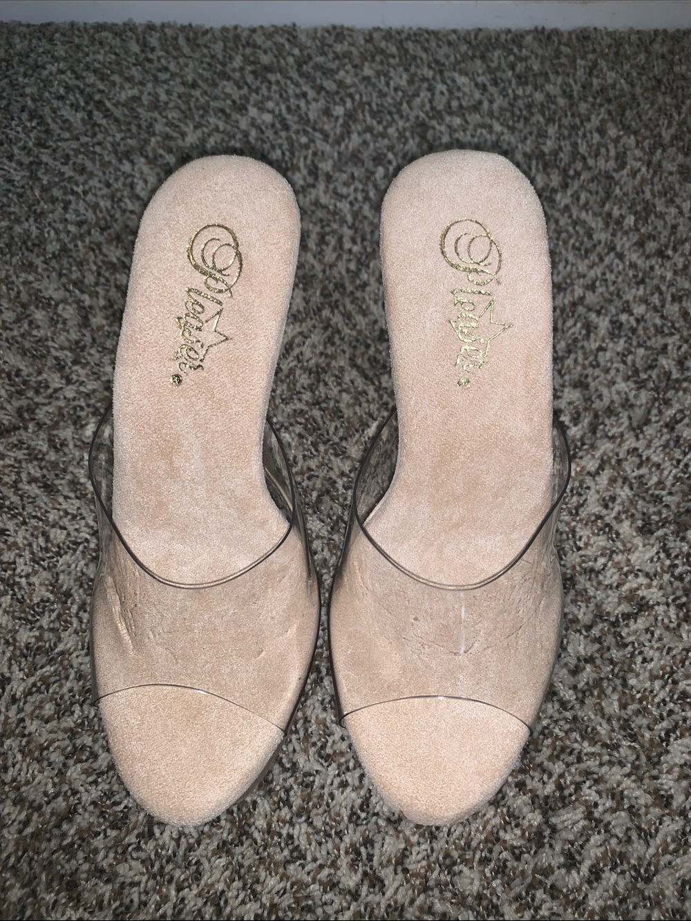 Pleaser Nude Suede Slide Mules with Clear Strap, Size 8